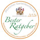 „Bester Ratgeber 2026“, „Deutscher Gartenbuchpreis“, www.dennenlohe.de. Kreisrunde Grafik mit Wappen oben.
