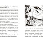 Zwei Buchseiten mit Text über einen futuristischen Zug. Rechts eine Illustration: Menschen beobachten einen modernen Zug.