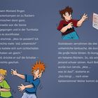 Texte beschreiben ein unheimliches Szenario mit flackernden Lampen und gespenstischen Geräuschen. Zwei Jungen schauen erschrocken.