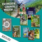 Text: "ENTDECKEN, STAUNEN, WISSEN!" Sieben Buchcover mit Natur- und Tiermotiven. Drei Menschen blicken in die Berge.
