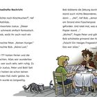"Eine rätselhafte Nachricht" und Dialoge über Kirschkuchen. Illustration von drei Jungen, einer Frau und einer Katze am Tisch.