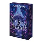„Vine of Hearts“ von Julie Soto. Zwei blaue Gesichter, Blätter und Blitz in violettem Design.