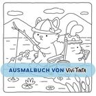 Text: "AUSMALBUCH VON ViviTinta". Illustration: Ein Fuchs angelt, daneben ein Kaninchen mit Buch. Hintergrund: Berge und See.