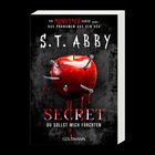 Ein Apfel durchbohrt von Nägeln, aus denen Blut tropft. Texte: "S.T. Abby", "SECRET", "DU SOLLST MICH FÜRCHTEN".