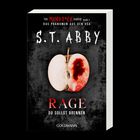 "Rage: Du sollst brennen." Apfel mit blutrotem Fleck vor schwarzem Hintergrund. Oben steht "S.T. Abby".