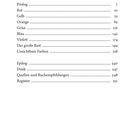 Text: Inhalt mit Kapiteln wie Prolog, Farben und Epilog, Seitenzahlen daneben. Schwarzer Text auf weißem Hintergrund.