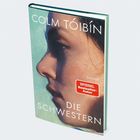 "COLM TÓIBÍN, DIE SCHWESTERN, SPIEGEL Bestseller-Autor, HANSER." Ein Gesicht im Profil, Hintergrund in Blau- und Brauntönen.