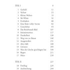 "Inhalt" gefolgt von einer Liste von Kapiteln: Teil I und II mit Titeln wie Geduld, Verlust, Freiflug, Apfeltag und Seitenzahlen.