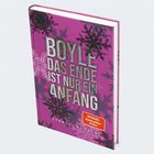 "Boyle. Das Ende ist nur ein Anfang. SPIEGEL Bestseller-Autor." Ein Buch mit lila Cover und schwarzen Schneeflocken.