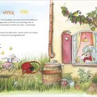 “Huui, Wusch, Peng!” Rita, die Rennmaus, rennt schnell zum Haus. Konrad schaut aus dem Fenster. Bunte Szene mit Pflanzen.