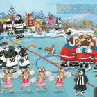 Ein Eishockeyspiel zwischen Huskys und Bären. Zuschauer jubeln, Tiere auf dem Eis, darunter Schiedsrichter und Cheerleader.