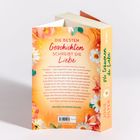 "Die besten Geschichten schreibt die Liebe." Buchcover mit Blumenmuster in Orange und Weiß. Übersetzerin Babette Schröder.