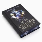 Buchtitel: "Mein zärtlicher Schatten" von Johanna van Veen. Cover zeigt ein skull-ähnliches Motiv mit Blumen.