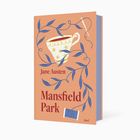 „Jane Austen, Mansfield Park“. Ein dekoratives Buchcover mit einer Tasse, Blättern, Faden und Nadel.