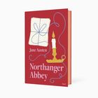 "Jane Austen, Northanger Abbey" in hellem Text auf rotem Hintergrund mit Kerze und Papierstapel als Illustration.