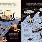 Links: Streit zwischen Seglern und Kriegern. Rechts: Segelschiffe im Sturme auf hohen Wellen, umgeben von Blitzen und Wolken.