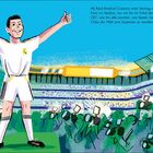 Text: "Als Real Madrid Cristiano unter Vertrag nahm, strömten 80.000 Fans ins Stadion..." Illustrationen eines Fußballers im Stadion.