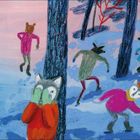 Illustration: Tiere in bunten Pullovern spielen im verschneiten Wald Verstecken. Ein Wolf verdeckt sein Gesicht mit den Pfoten.