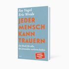 Das Buch "Jeder Mensch kann trauern" von Fee Vogel und Eric Wrede, ist ein blaues Cover mit orangefarbenem Text.