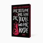 Der Text auf dem Buchcover lautet: "Der seltsame Fall von Dr. Jekyll und Mr. Hyde" von Robert Louis Stevenson. Иллюстрация zeigt ein Reagenzglas.