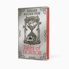 "EDGAR ALLAN POE", "Tales of HORROR". Titel mit Sanduhr, Totenschädel und Spiralmustern.