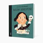 Buchtitel: "William Shakespeare". Illustration: Kind mit Feder und Papier hält einen Totenkopf, Hintergrund in Teal.