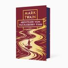 "Mark Twain, Abenteuer von Huckleberry Finn, Insel." Illustration: Junge mit Stab auf einem Fluss in Gelb und Rot.