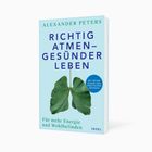 „RICHTIG ATMEN – GESÜNDER LEBEN“ von Alexander Peters. Ein großes grünes Blatt auf blauem Hintergrund.