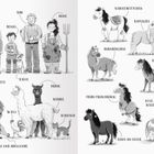 Links sind Menschen und Tiere mit Namen, rechts Pferde mit Märchennamen. Illustrationen in Schwarz-Weiß.