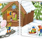 Zuckerwatte, Karussell, Tannenbaum, Spiel, Schneemann. Winterliche Szene mit Kindern beim Spielen und Weihnachtsmarkt.