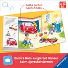 Texte: "Sache suchen, Sache finden", "Dieses Buch begleitet Kinder beim Sprechenlernen", "ab 12 M."

Illustration: Kinder spielen draußen, mit einem roten Auto und Spielzeug.