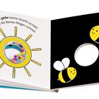 Text: "Die gelbe Sonne strahlt so hell! Und die Bienen fliegen schnell." Illustration: Gelbe Sonne mit Kreismodul.
