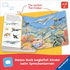 "Tier suchen, Tier finden. Dieses Buch begleitet Kinder beim Sprechenlernen." Unterwasserwelt mit Taucherin, Tieren.