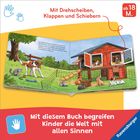 "Mit Drehscheiben, Klappen und Schiebern. Ab 18 M. Mit diesem Buch begreifen Kinder die Welt mit allen Sinnen." Illustration: Ein Garten mit Tieren.
