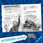 Text: "ALLES ODER NICHTS", "Crash!". Illustration: Lewis Hamilton jubelt, daneben ein Unfall mit Rennautos und einer Zielflagge.