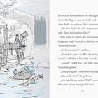 Illustration: Ein Kaninchen mit Zylinder baut mit Bibern eine Seilwinde am Wasserfall. Einer der Biber ist im Wasser.