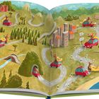 Illustration eines fantasievollen Reisestorybooks mit Tieren in Autos auf kurvigen Straßen, die durch eine malerische Landschaft führen.