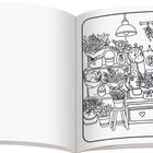 "Cozy Blooms" auf einem Türschild. Illustration: Ein gemütlicher Blumenladen mit Pflanzen, Katze hält Blumenstrauß.