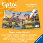 "Wer waren die ersten Dinosaurier?" Ein Buch mit Dinosauriern, ein orange-weißer Stift und das "tiptoi" Logo.