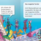 Eine Gruppe Meerjungfrauen mit bunten Flossen schwimmt vor einer farbenfrohen, fantastischen Architektur.