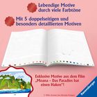 Lebendige Motive durch viele Farbtöne. Doppelseitige Motive. Exklusive Inhalte aus Moana. Ravensburger Logo.