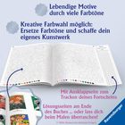 Lebendige Motive, kreative Farbwahl, Ausklappseite, Lösung am Buchende. Logo: Ravensburger. Enthält Malbuch-Seiten.