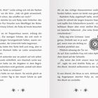 Zwei Buchseiten mit Text über Leslie und Ruby, die zu spät zur Schule kommen. Eine Illustration zeigt eine Taschenuhr.