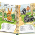 "Wer klettert gerne auf Bäume?" Orang-Utans auf der linken Seite, Gorillas auf der rechten Seite, beide in einer bunten Illustration.