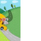 Text: "raus." Illustration: Eine Maus fährt einen gelben Bus über eine kurvige Straße in grüner Hügellandschaft.