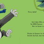 Prima, danke! Jetzt haben Rille und Pepe Hunger. Sie lieben Bananen. Ein fröhlicher Gorilla mit einem Papagei auf dem Kopf.