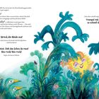 Ein buntes, fröhliches Illustration mit Tieren in einem Dschungel aus blauen und grünen Pflanzen. Ein gelbes Wesen lacht.