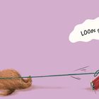 Ein Kind ruft „LOOos geeht's!“ und zieht an einer Leine, an der ein zotteliger Hund liegt; daneben ein umgefallenes Handy.