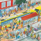 An der Haltestelle. Gerade ist die Stadtbahn eingefahren. Viele Menschen steigen ein und aus, während andere warten oder vorbeigehen.