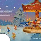 Text: "Fröhlich hüpfen die Mäuschen von Stand zu Stand..." Illustration von Mäusen auf einem Weihnachtsmarkt mit Karussell und Ständen.